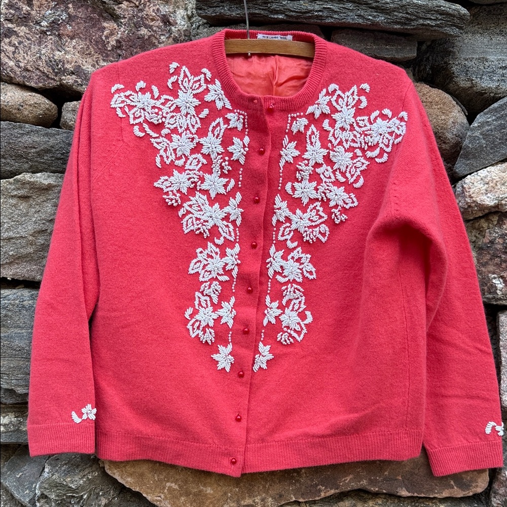 Vintage Lambswool/Angora Beaded Cardigan – Size 40 – Made in Hong Kong